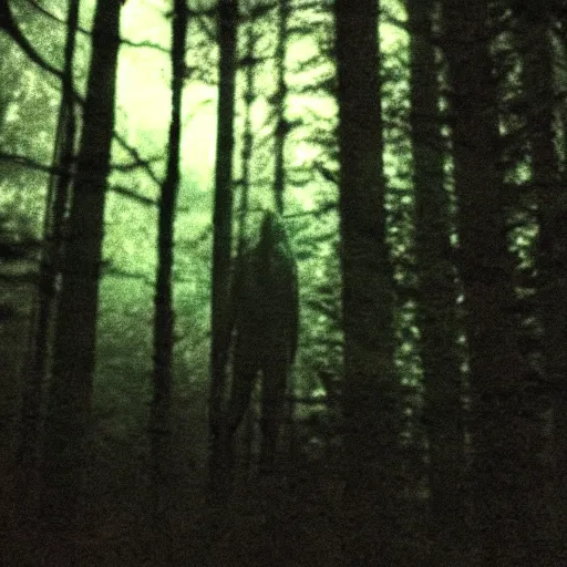 Image similar to grainy trail cam photo still of an alien in the woods at night hiding in the trees of a forest