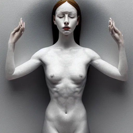 Image similar to a full body statue made of white marble with gold veins, of an beautiful gorgeous angel girl, perfect symmetrical body, perfect symmetrical face, no eyes, hyper realistic, hyper detailed, fujicolor superia 1 6 0 0 photo, by peter kemp, by monia merlo, by michelangelo octane render, blender, 8 k