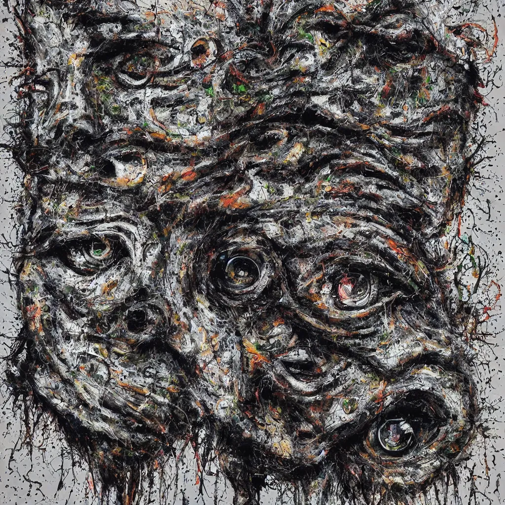 Image similar to camo made of eyes, technical, acrylic, teeth, eerie, tribal, clay, dotting, lines, stipple, points, cybernetic, style of old painting, francis bacon art, rei kawakubo art, hypnosis, eerie, terror, oil, neon, black and white background, splotches, colorful dots, ominous, terror, teeth, smiles