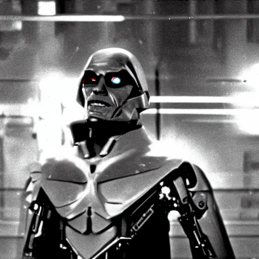 Image similar to movie still of a villain cyborg, facial expression, cinematic composition, cinematic light, by edgar allan poe and issac asimov