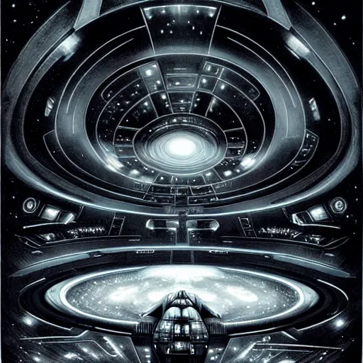 Image similar to black background, symmetry, starship enterprise, by jean - baptiste monge