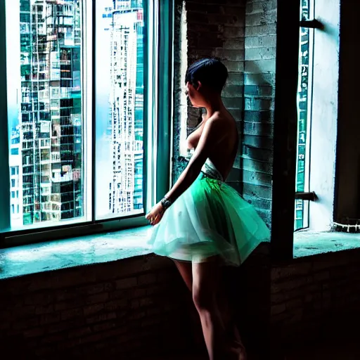 Prompt: dancing girl wearing a gown, short hair, bed room, cyberpunk city view out of the window, no lights in bedroom, bright neon lights from the city