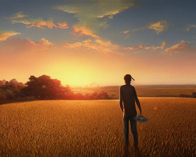 Image similar to a painting of a man standing in a field at sunset, a detailed matte painting by makoto shinkai, cgsociety, neo - primitivism, anamorphic lens flare, matte painting, global illumination