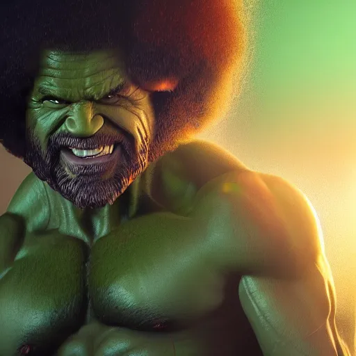 Image similar to photomanipulation of BOB ROSS as hulk with human flesh, marvel, fully detailed, volumetric lightening, octane render, 8k, masterpiece, epic composition