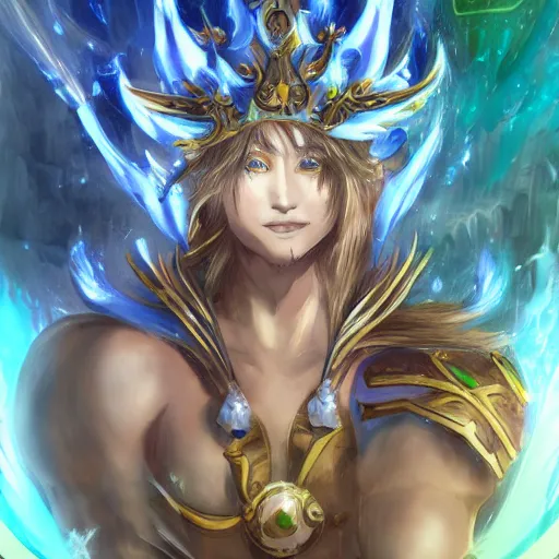 Image similar to fantasy art of childe ( tartaglia ), a water god from genshin impact that controls the power of water sword. digital art, fantasy art, high quality, trending on artstation, league of legends splash art