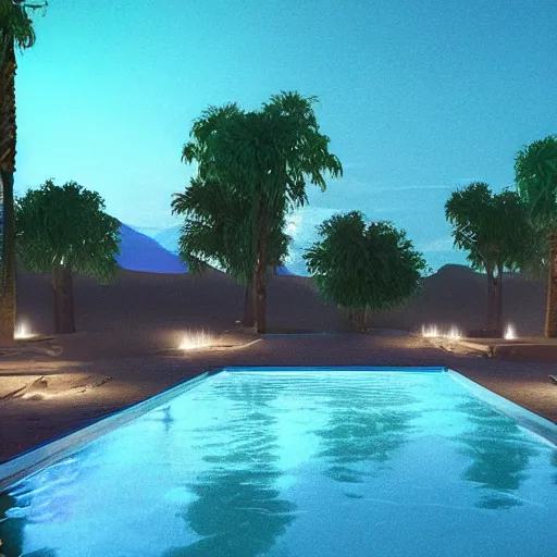 Image similar to a single pool in the middle of the desert at night, lights around the pool, dynamic lights, photorealistic concept art