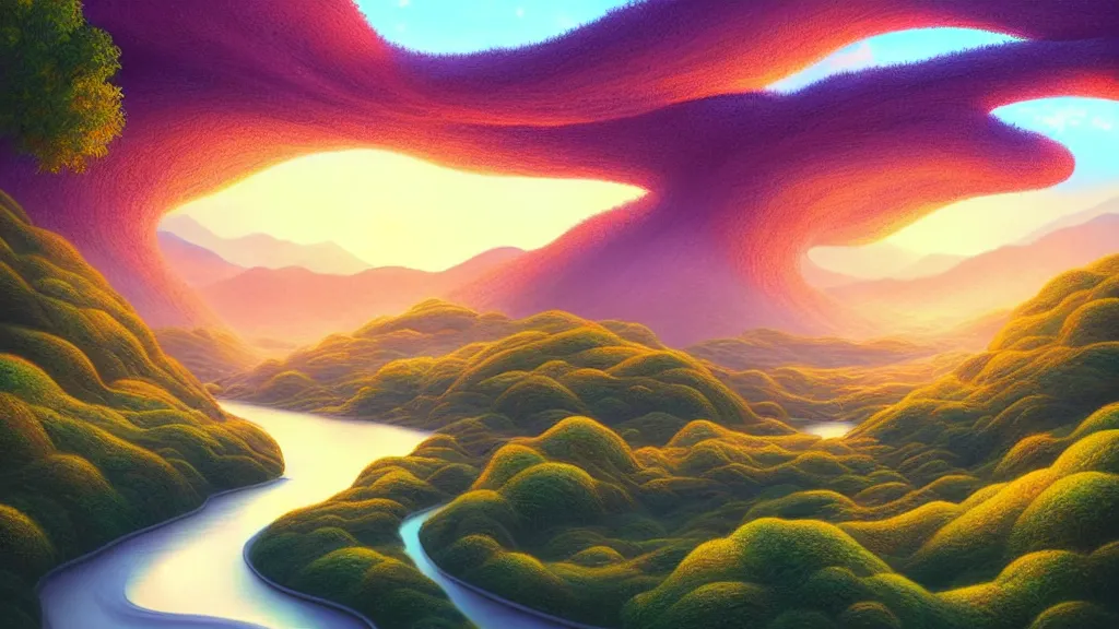 Prompt: digital painting of a lush sinuous river valley by artgerm. river. sunset. chiho aoshima. digital render. detailed. beautiful landscape.