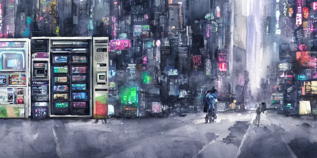 Prompt: dusty city, broken vending machines, Ghost in the Shell, ultrawide watercolor