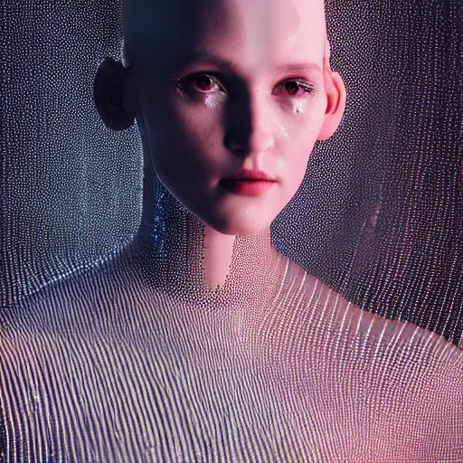 Image similar to Fashion photography of a woman wearing a futuristic outfit inspired by Ex Machina (2014), intricate, artistic photography, cinematic lighting, insanely detailed, cinestill 800t, Vogue magazine