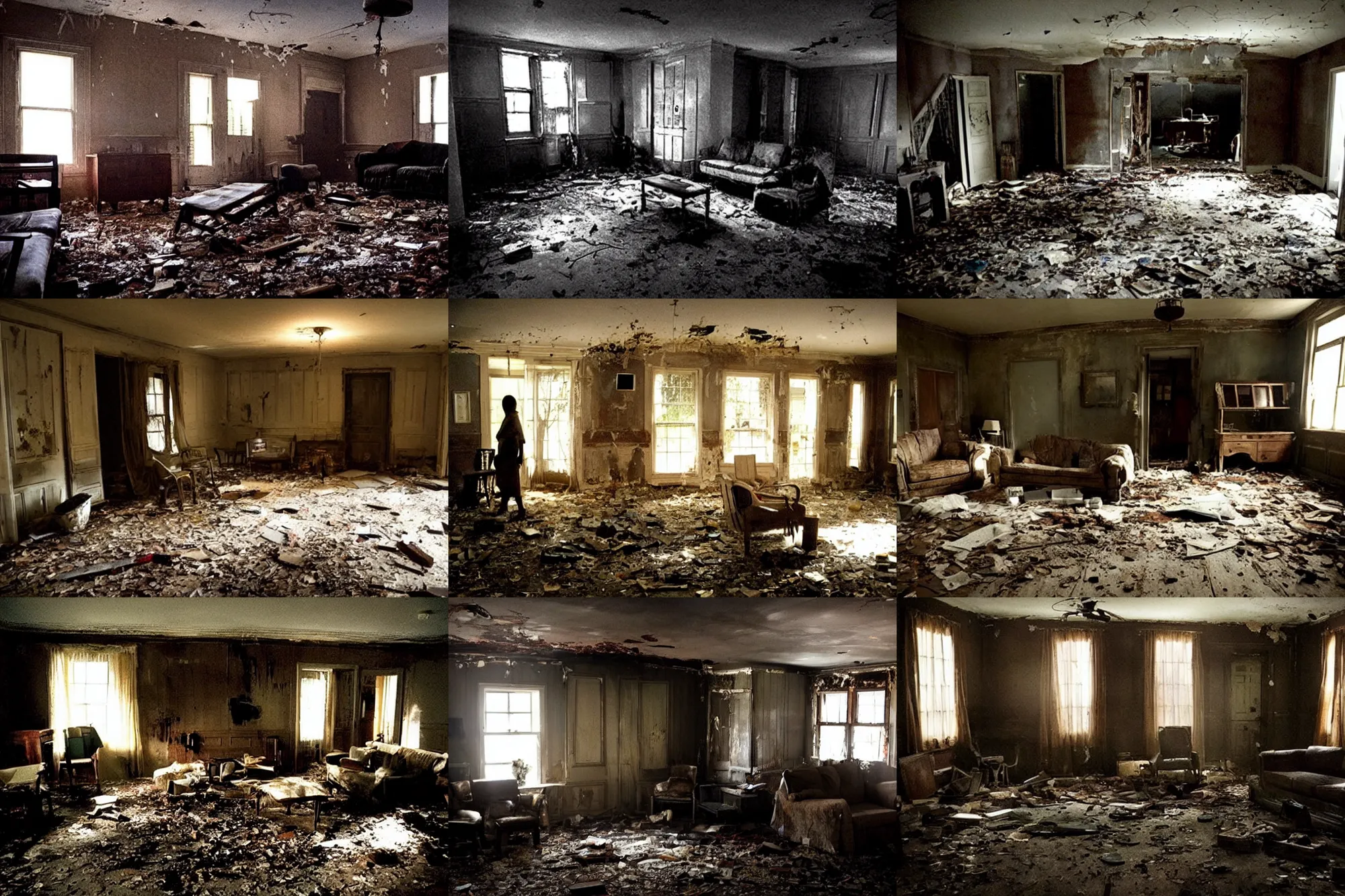 Prompt: night!!!! dilapidated living room of a kentucky house, very dark lighting | award - winning | by david fincher, dawn of the dead, walking dead