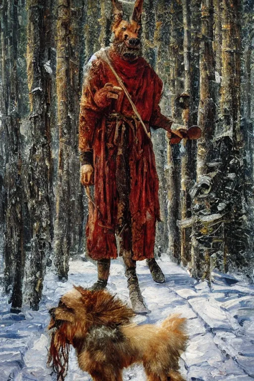 Image similar to Slavic dog head man, woolen torso in medieval clothes, walking in the forest, Orthodox Saint Christopher, oil painting, magic lights, painting by Viktor Vasnetsov, concept art, painting by Ivan Shishkin, hyperborea, beautiful dog head, hyperrealism, beautiful, high resolution, trending on artstation,