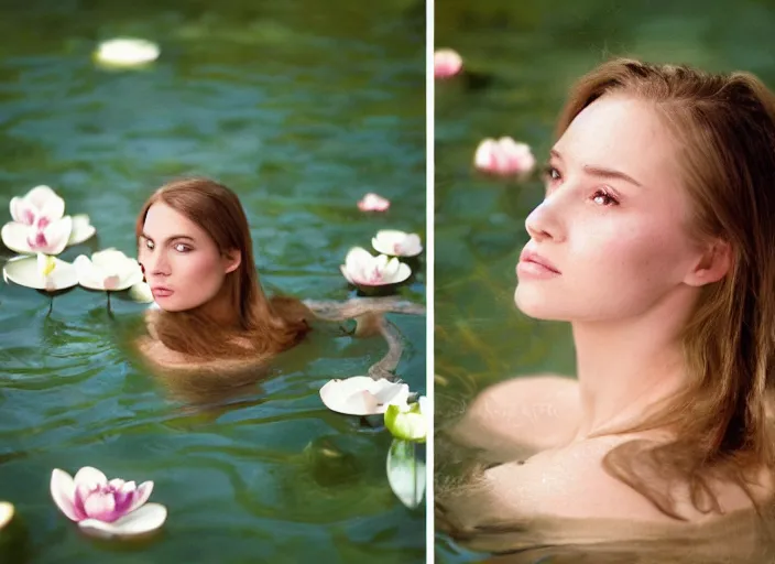 Image similar to face is emerging from the water Kodak Portra 400, 8K, soft light, volumetric lighting, highly detailed, britt marling style 3/4, photo close-up portrait of extreme beautiful girl floating in water surrounded by lily pads, half face in the water, a beautiful lace dress and hair are intricate with highly detailed realistic beautiful flowers , Realistic, Refined, Highly Detailed, natural outdoor soft pastel lighting colors scheme, outdoor fine art photography, Hyper realistic, photo realistic