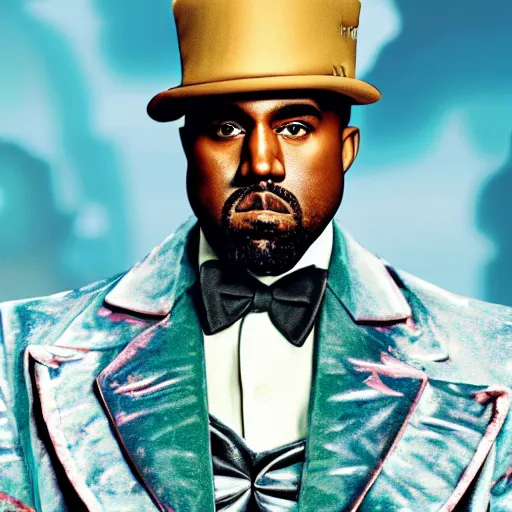 Image similar to Professional photo of Kanye West as willy wonka in fallout new vegas, splash art, movie still, cinematic lighting, dramatic, octane render, long lens, shallow depth of field, bokeh, anamorphic lens flare, 8k, hyper detailed, 35mm film grain