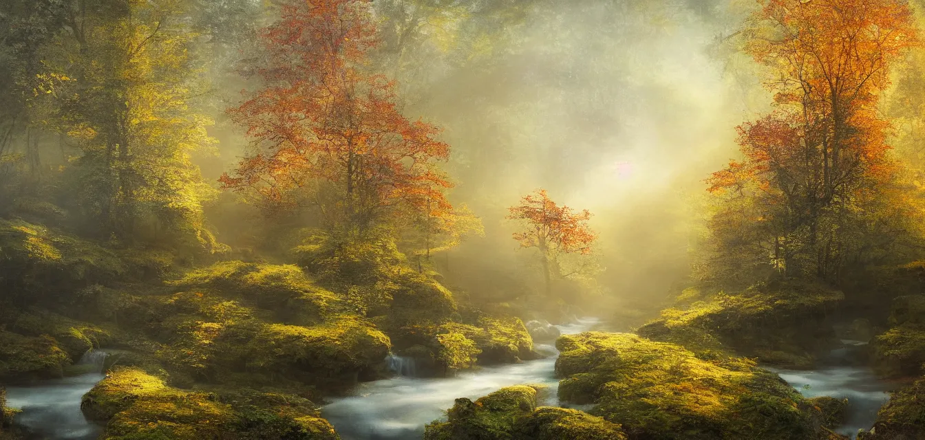 Image similar to a painting of sparse stone cottages underneath a dense tall forest, with pristine reflex from cascading ponds. gorgeous, elegant, sophisticated, an ultrafine painting, intricate brush strokes, bright depth oil colors, photography by araken alcantara. mist diffuse promiseful illumination, autumn sunrise warm light, detailed and intricate environment of hopeful bodyscapes