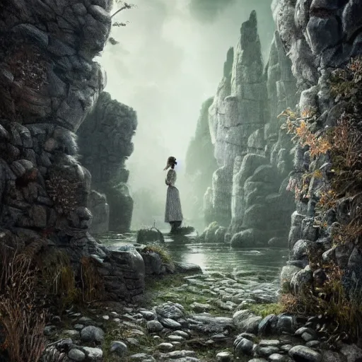 Prompt: beautiful concept art for a music video for the song the woman and the stone by andreas vollenweider, photorealistic and intricate, 8 k hdr, cinematic lighting