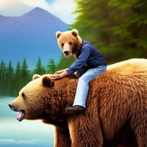 Image similar to bob ross riding on the back of a brown bear, outdoor, hyperrealistic, shutterstock contest winner, digital art, national geographic photo