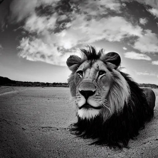 Image similar to fisheye photo of a lion, taken by Canon, photorealistic, mirrorless