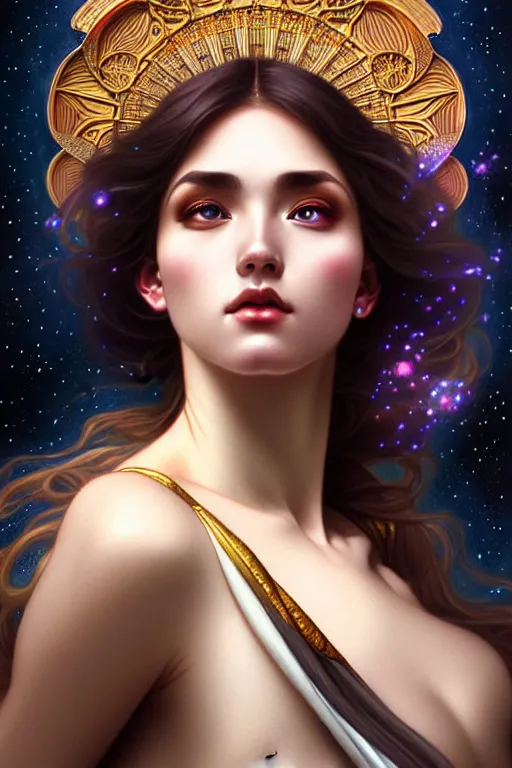 Image similar to empress of eternity, space, universe, portrait, highly detailed, deep focus, elegant, digital painting, smooth, sharp focus, illustration, ultra realistic, 8 k, art by artgerm and alphonse mucha