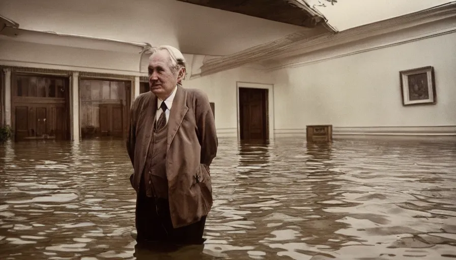 Image similar to 7 0 s movie still of an old manstanding in a soviet stalinist style palace flooded in water, eastmancolor, heavy grain, high quality, high detail