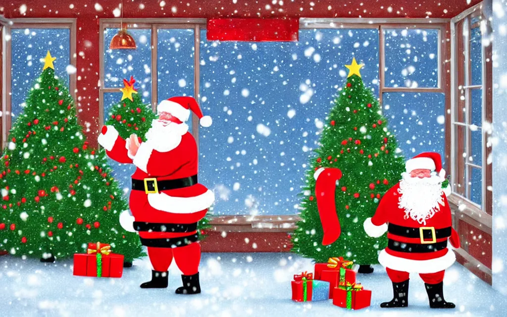 Prompt: santa claus in front of a christmas tree, snowing out the window poster digital illustration