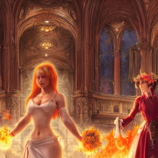 Image similar to an ultra detailed matte painting of a lesbian wedding between evil pyromancer and a red mage from final fantasy, steampunk, unholy, white church background, detailed face, sharp focus, highly detailed, cinematic lighting, studio quality, colorful, smooth render, unreal engine 5 rendered, octane, rendered, by artgerm, greg rutkowski, alphonse mucha