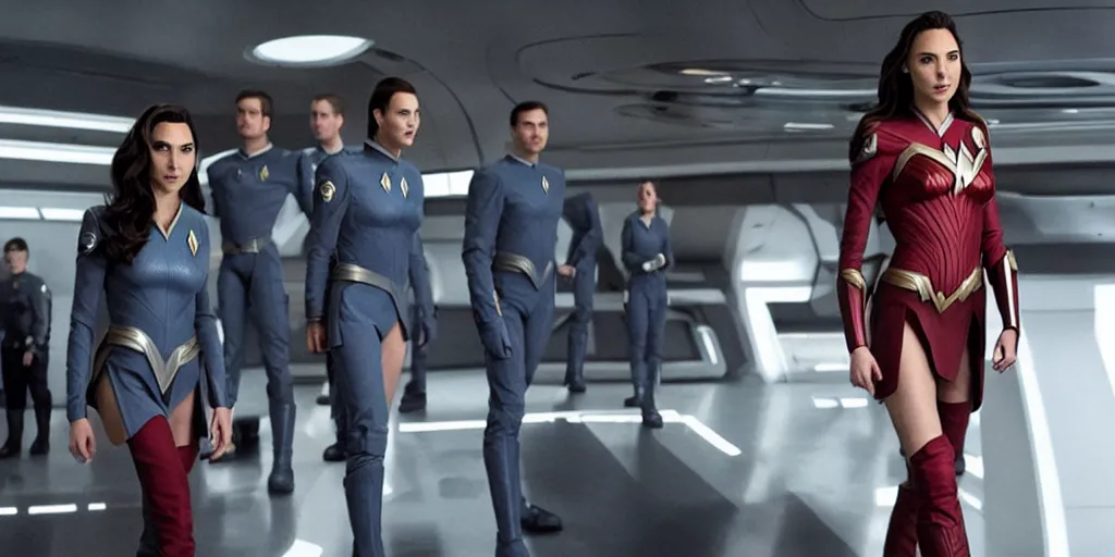 Image similar to Gal Gadot, in full starfleet uniform, is the captain of the starship Enterprise in the new Star Trek movie