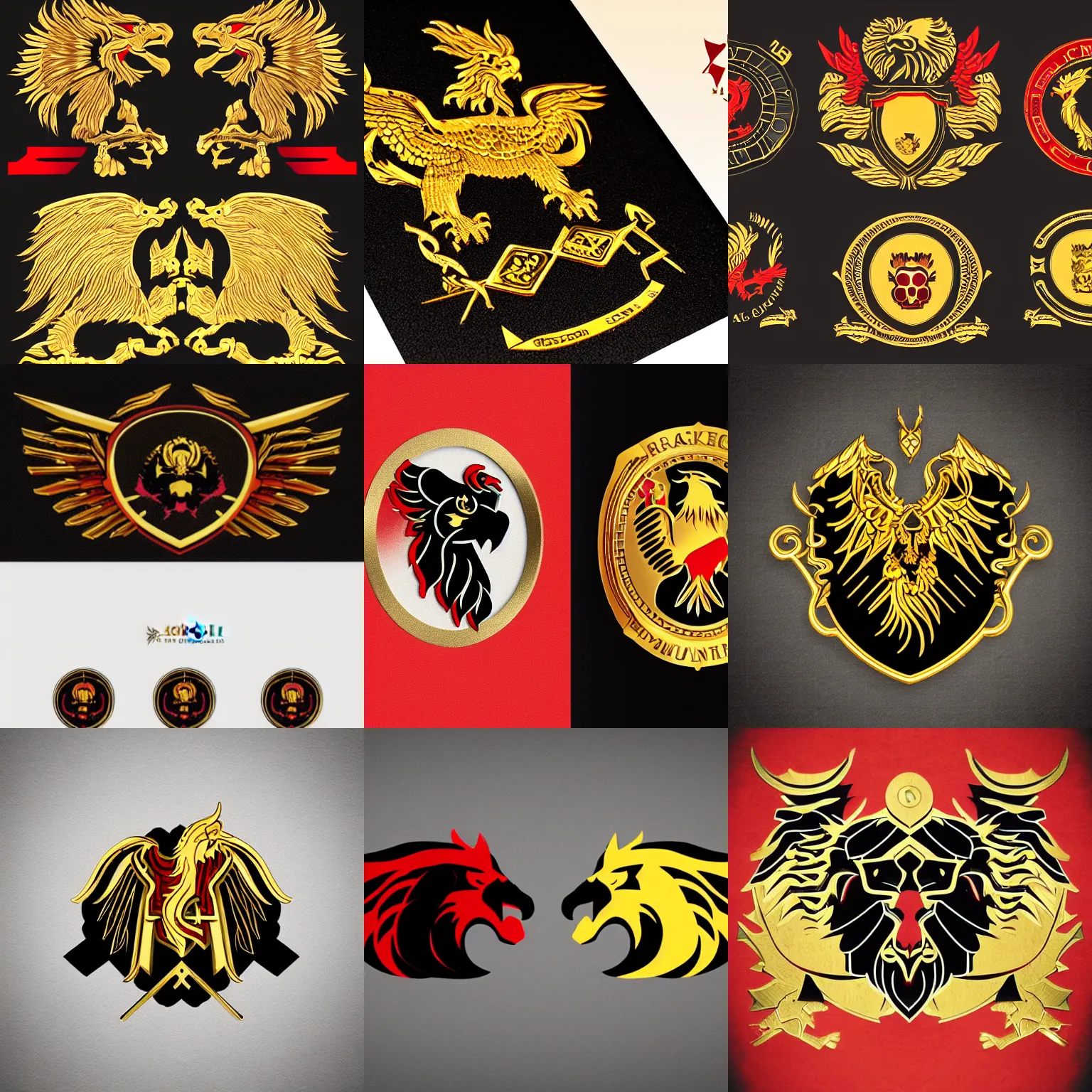 Prompt: black eagle and red lion with golden elements, imple logo design