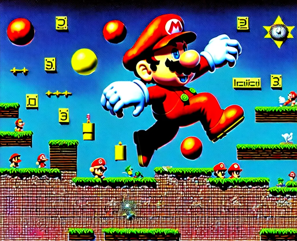 Prompt: a photorealistic detailed image of the nes game super mario 3, science, divinity, utopian, triumphant, cinematic, epic, grandiose, moody, mathematics, futuristic, by jason felix, dan mumford, kinkade, lisa frank, wpa, public works mural, socialist, deep depth of field