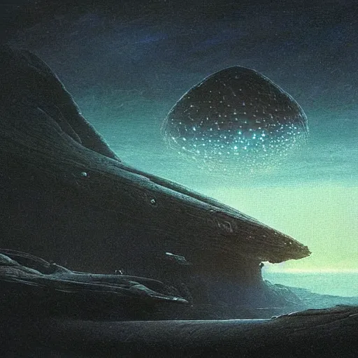 Image similar to scene from prometheus movie, artlilery spaceship lands in an alien landscape, filigree ornaments, volumetric lights, beksinski