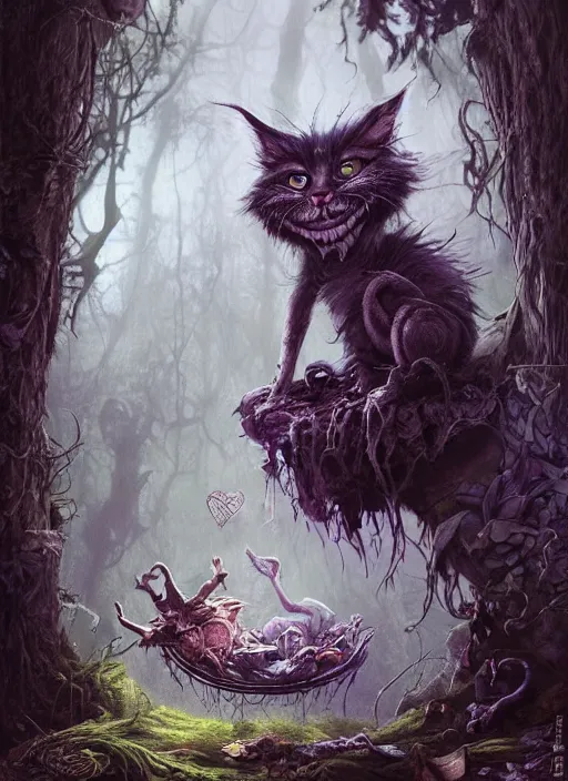 Image similar to Alice meets the Cheshire Cat in the forest, death tarot card,highly detailed,half skull face,cinematic,8k,by Stanley Artgermm,Tom Bagshaw,Greg Rutkowski,Carne Griffiths, Ayami Kojima, Beksinski, Giger,trending on DeviantArt,hyper detailed,horror, full of colour