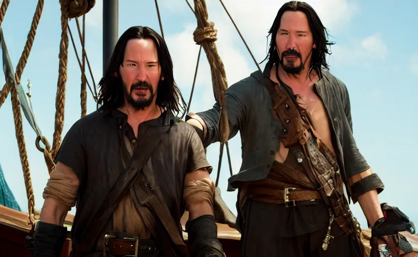 Image similar to Keanu reeves in a role of Sea of thieves Pirate, film still