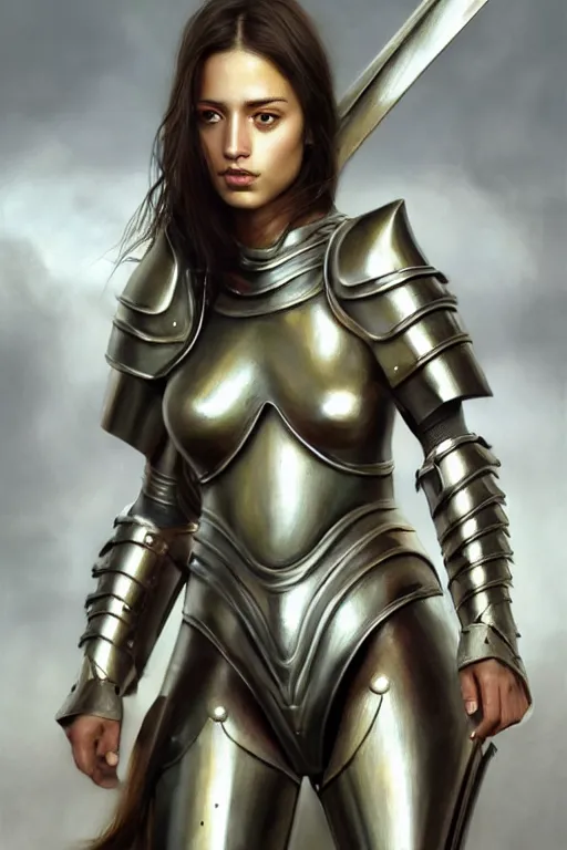 Prompt: a photorealistically painted portrait of an attractive young female, partially clothed in metal-plated battle armor, abstract background, flawless olive skin, fair complexion, long dark hair, beautiful bone structure, perfectly symmetric facial features, perfect photorealistic eyes, natural physique, intricate, elegant, digital painting, concept art, finely detailed, beautifully illustrated, sharp focus, minimal artifacts, from Metal Gear, by Ruan Jia and Mandy Jurgens and Artgerm and William-Adolphe Bouguerea, in the style of Greg Rutkowski, trending on Artstation, award winning art