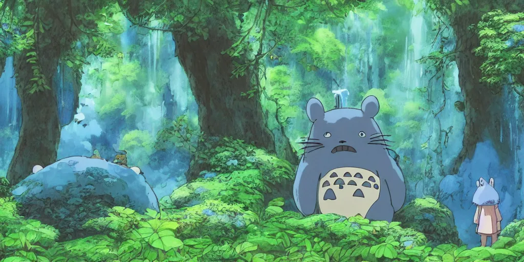 Prompt: blue bear shaped like totoro looking into large cave entrance in a lush forest with waterfalls, beautiful ambiance, studio ghibli style, by hayao miyazaki, sharp focus, highly detailed, 4k