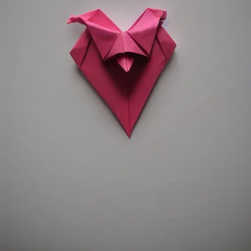 Prompt: paper origami broken heart pinned to a wall, strawberry syrup running down the wall