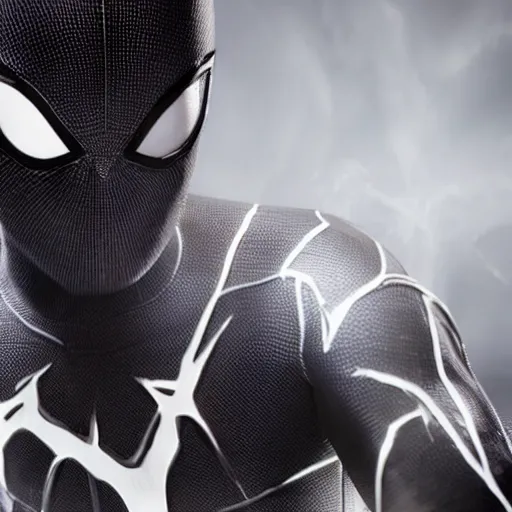 Image similar to black spider - man suit with white web lining, cinematic, volumetric lighting, realistic, hyperdetailed, photorealistic, photograph