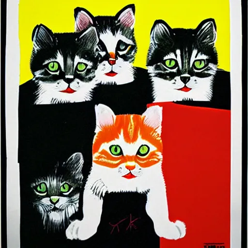 Image similar to silk screen poster of angry kittens in style of frank kozic