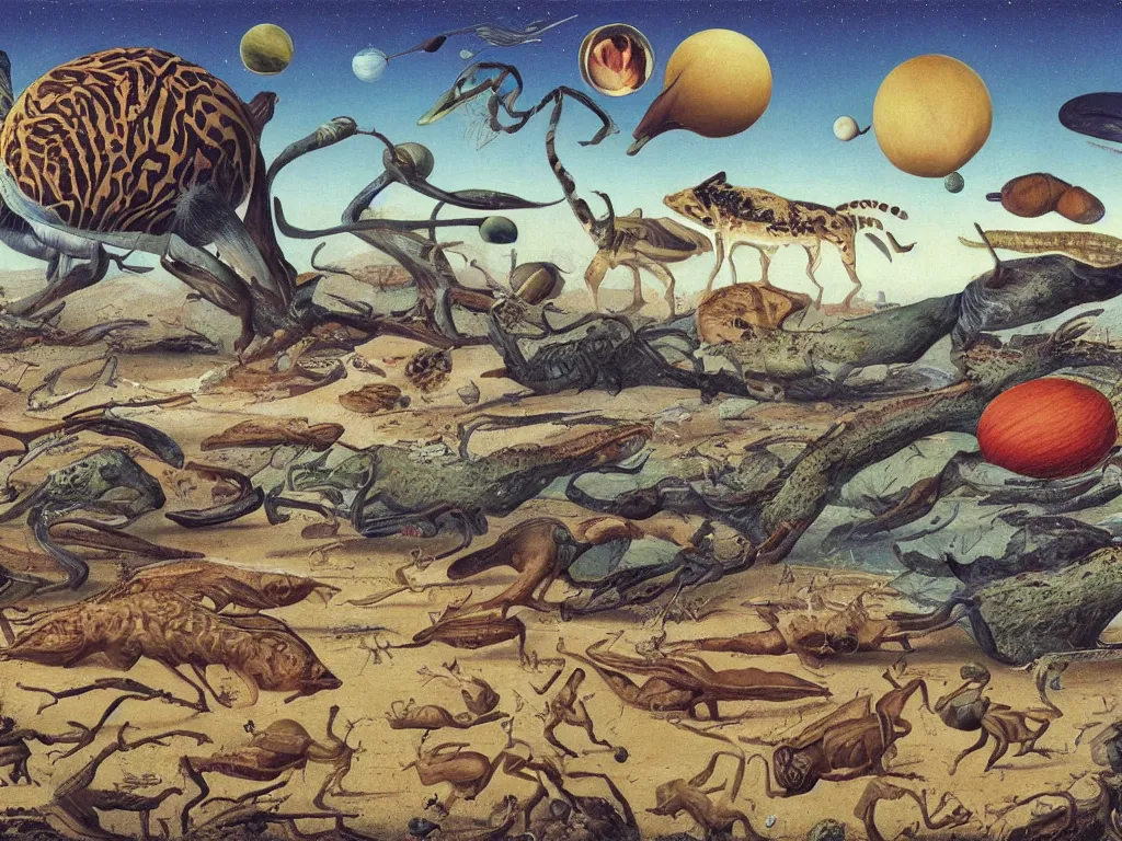 Image similar to fauna on venus ten million years ago. painting by walton ford, codex seraphinianus