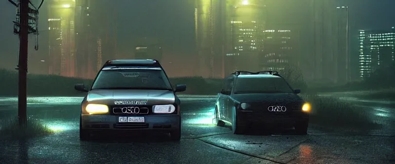 Image similar to Audi A4 B6 Avant (2002), a gritty neo-noir, dramatic bright lighting, cinematic, establishing shot, extremely high detail, photorealistic, cinematic lighting, artstation, by simon stalenhag, Need For Speec: Carbon Palmont City canyon road, touge, At night