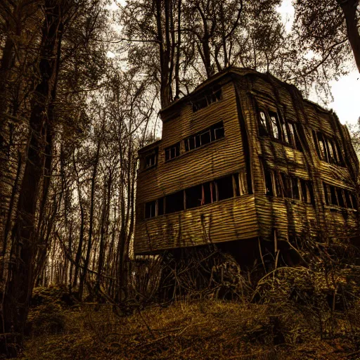 Image similar to twisted creepy building with in a dark forest at midnight