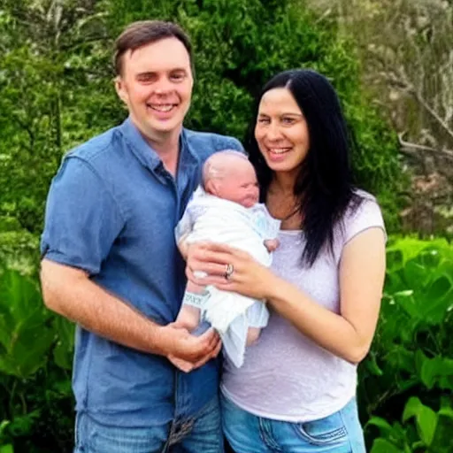Prompt: a photo of a white man and his dark haired wife that are happy with their 3 month old baby boy.