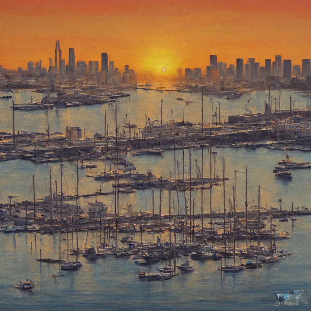 Prompt: los angeles harbor, golden hour, realist painting