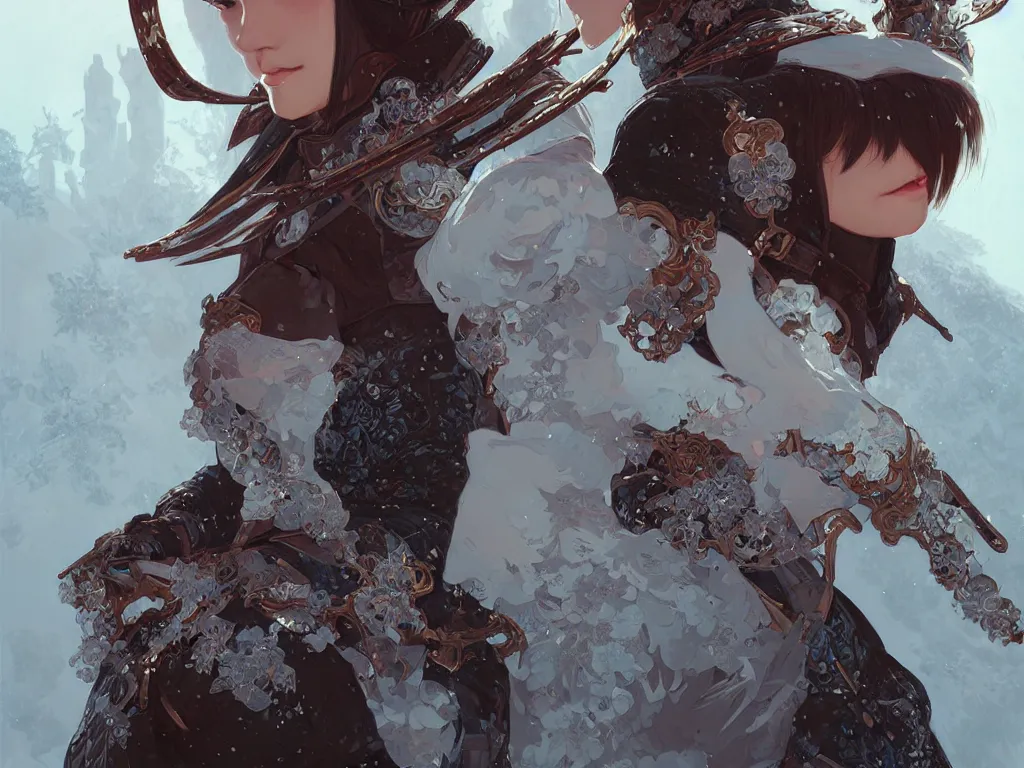 Image similar to portrait ninja gaiden girl, armor wardrobe at snowy fuji mountain, fantasy, intricate and very beautiful and elegant, highly detailed, digital painting, artstation, concept art, smooth and sharp focus, illustration, art by tian zi and wlop and alphonse mucha