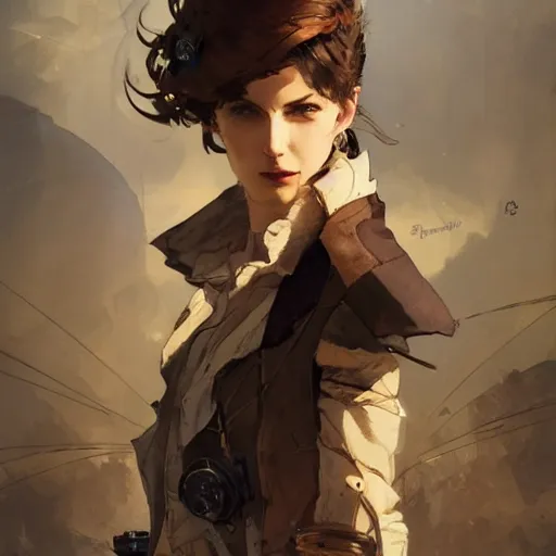 Image similar to portrait of a beautiful steampunk girl with short brown hair, men's haircut, and smiling, dramatic lighting, illustration by greg rutkowski, yoji shinkawa, 4 k, digital art, concept art, trending on artstation