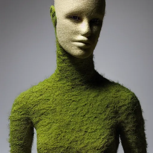 Prompt: a beautiful suit made out of moss, on a mannequin. studio lighting, high quality, high resolution