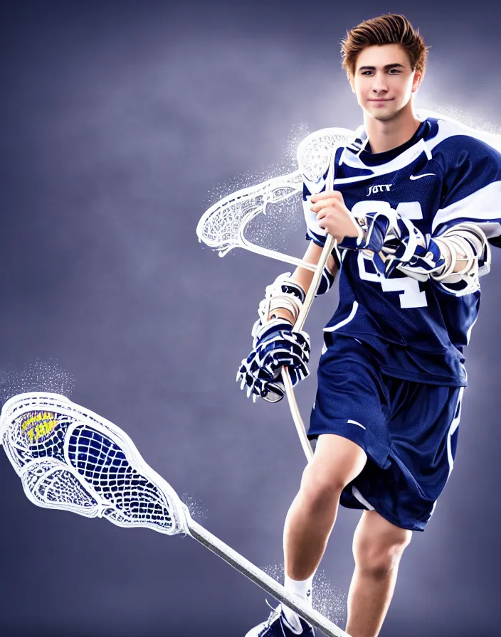 Prompt: closeup portrait of very beautiful cute male lacrosse player in a penn state stadium, glamour pose, particle effects, backlit, highly detailed, soft ambient lighting, sharp focus, rule of thirds, artgerm, wlop, arney freytag, rossdraws, frank frazetta, andrei riabovitchev, hd, octane, 4 k