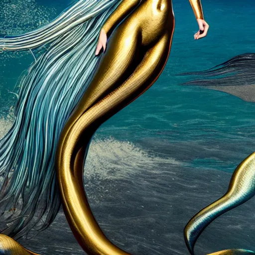 Prompt: gold and silver tones, mermaid, style of moebius, james jean, rutkowski, cinematic, high detail, award winning, 8 k photorealistic