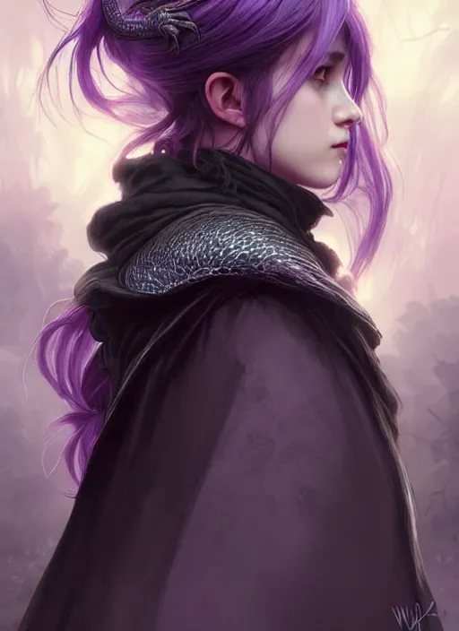 Prompt: side portrait rugged girl, witch school uniform outfit large cloak, fantasy forest landscape, dragon scales, fantasy magic, undercut hairstyle, short purple black fade hair, dark light night, intricate, elegant, sharp focus, illustration, highly detailed, digital painting, concept art, matte, art by wlop and artgerm and greg rutkowski and alphonse mucha, masterpiece