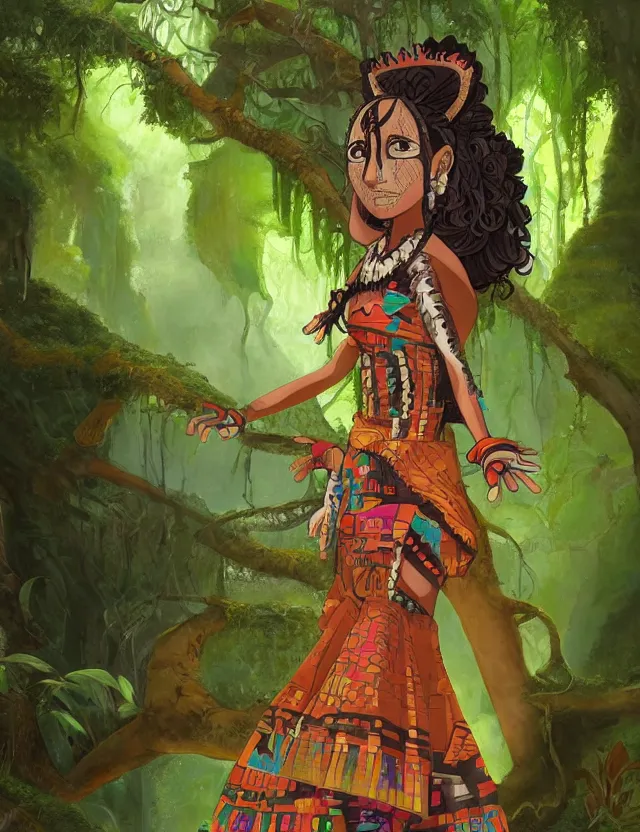 Prompt: aztec scifi princess of the lichen rainforest, wearing a lovely dress. this oil painting by the award - winning mangaka has an interesting color scheme, plenty of details and impeccable lighting.