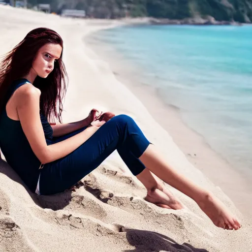 Prompt: Woman with long hair sitting at the beach wearing stylish clothes, photograph, highly detailed, perfect face, high quality, trending 8k
