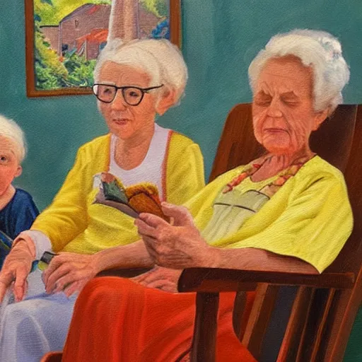 Image similar to painting in the zandinsky style of a grandmother sitting in a rocking chair, surrounded by her grandchildren, while she tells them a story